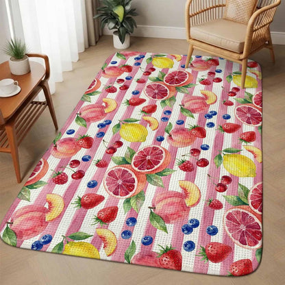 Living Room Rug Summer Peach Lemon Grapefruit Area Rug Washable Rugs for Bedroom Dining Room, Blueberry Strawberry Pink Stripe Non-Slip Absorbent Floor Carpet Area Rugs 63x91in