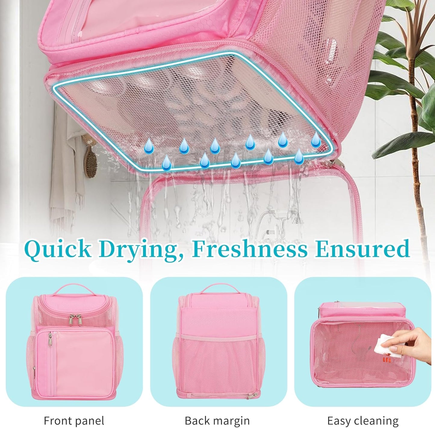 Hanging Shower Caddy Portable - Travel Toiletry Bag for Men & Women, Large Capacity Caddy Dorm Basket, Quick Dry Toiletry Tote Bag with Stain Resistant Bottom for Bathroom, Beach, Camp, Gym - Pink