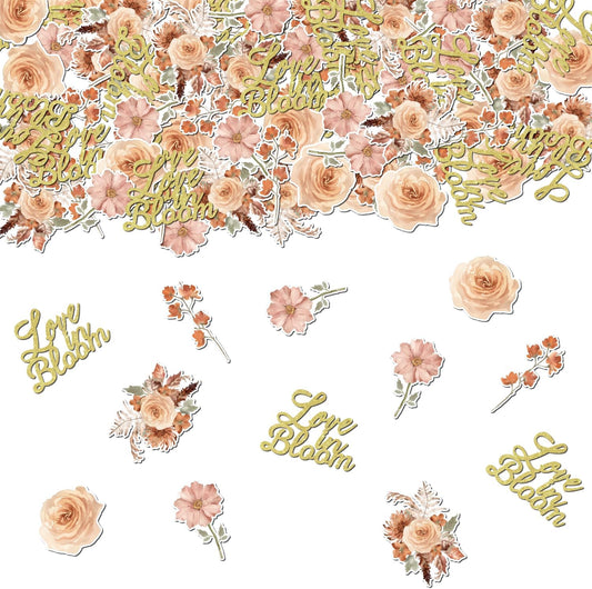 200Pcs Love in Bloom Confetti, Floral Wildflower Bridal Shower Decorations Peach Terracotta Champagne Fall Decor for Women Flower Themed Bridal Shower Wedding Engagement Bachelorette Party Supplies