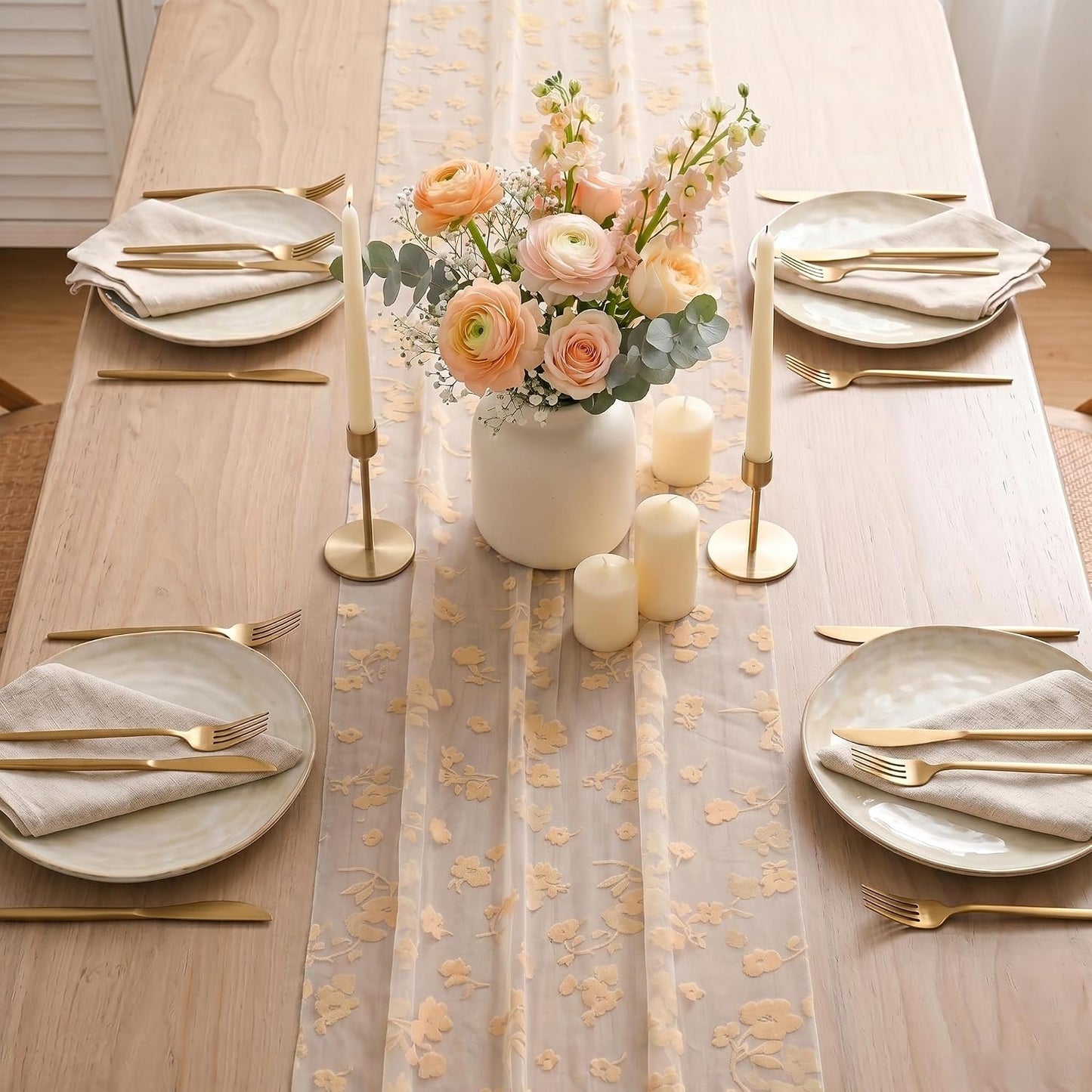 Artoid Mode Pink Gauze Flocking Flowers Table Runner 10FT, Spring Sheer Dining Table Decor for Wedding Anniversary Holiday Birthday Home Party