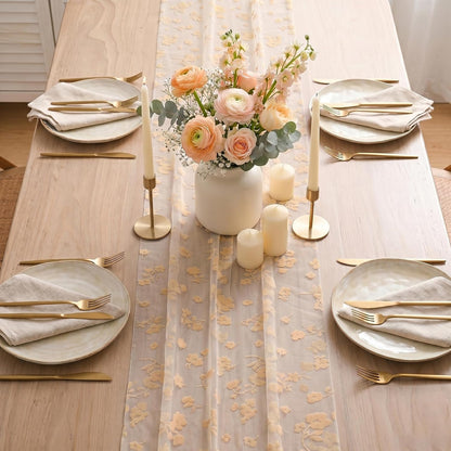 Artoid Mode Pink Gauze Flocking Flowers Table Runner 10FT, Spring Sheer Dining Table Decor for Wedding Anniversary Holiday Birthday Home Party