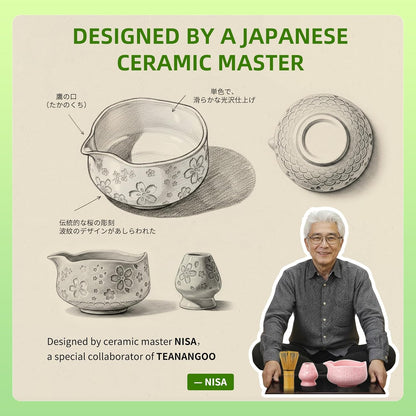 TEANAGOO 7-PCS Pink Matcha Whisk Set with Cherry Blossom Design, Complete Ceremony Kit, Ceramic Chawan Bowl with Spout, Whisk & Accessories, Traditional Matcha Tea Set for Lattes& Gift Giving