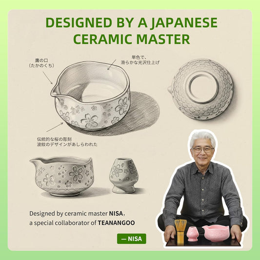 TEANAGOO 7-PCS Pink Matcha Whisk Set with Cherry Blossom Design, Complete Ceremony Kit, Ceramic Chawan Bowl with Spout, Whisk & Accessories, Traditional Matcha Tea Set for Lattes& Gift Giving