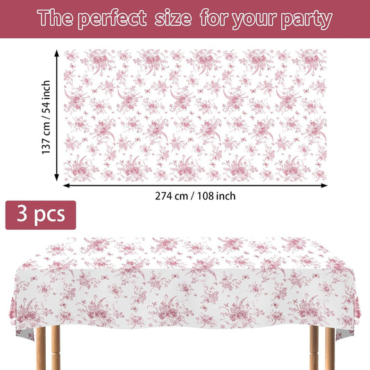 3Pcs Pink Floral Tablecloth Tea Party Tablecloth Disposable Vintage Table Cloth Pink and White Tables Decor for Spring Summer Mother's Day Birthday Garden Wedding Tea Party Supplies 54" x 108"
