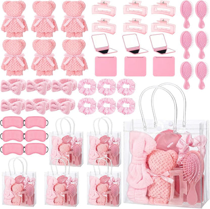 Suncalla 54 Pcs Spa Sleepover Party Supplies Include Bow Headband Eye Mask Bath Towel Scrunchies Hair Clip Comb Powder Puff Mirror Gift Bags for Women Girls Slumber Party Favors(Pink)