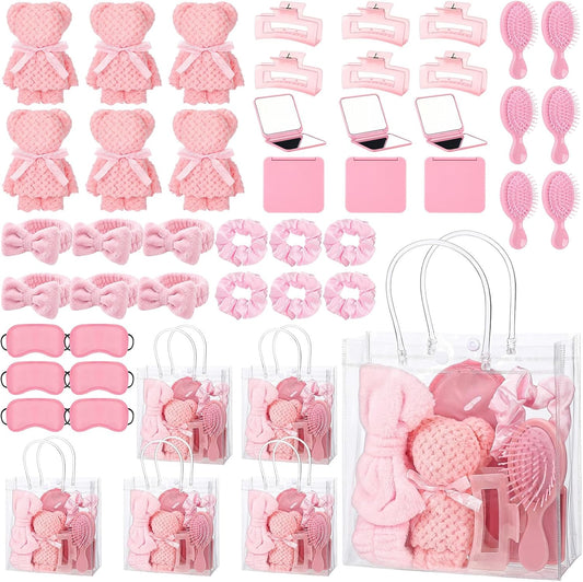 Suncalla 54 Pcs Spa Sleepover Party Supplies Include Bow Headband Eye Mask Bath Towel Scrunchies Hair Clip Comb Powder Puff Mirror Gift Bags for Women Girls Slumber Party Favors(Pink)