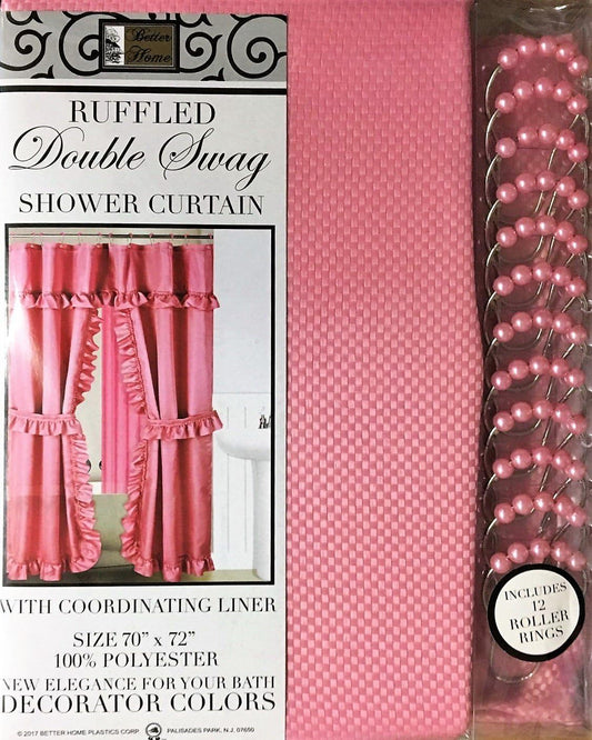 Better Home Mosaic Double Swag Fabric Shower Curtain, with Vinyl Liner and 12 Rolling Rings, 2 Tie Backs (Pink)