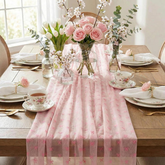 Remagr 9.8 ft Pink Bow Tulle Table Runner Embroidery Seasonal Table Decorations Tulle Fabric for Home Indoor Decor, Bridal Shower Wedding, Baby Shower Parties, Holiday DIY Craft Kitchen Decor