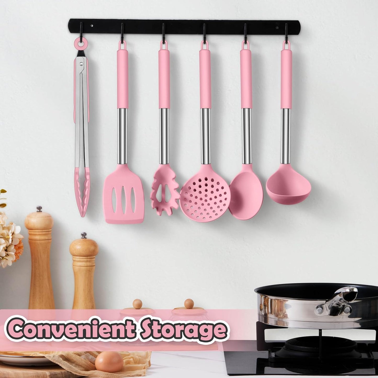 LIANYU Silicone Kitchen Utensils Set of 6, Cooking Utensils Spatula Set for Nonstick Cookware, Heat Resistant Kitchen Gadgets Tools, Stainless Steel Handle, Pink