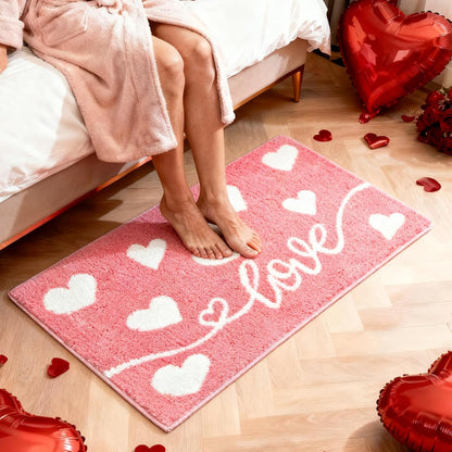 MEHOFOND Valentine's Day Bathroom Rug, Pink Love Heart Tufted Bath Mat, Soft Valentines Day Bath Mats Non Slip Absorbent Rectangle Shower Rug Front Door Mat for Home Kitchen Bedroom Decor, 17x24 Inch
