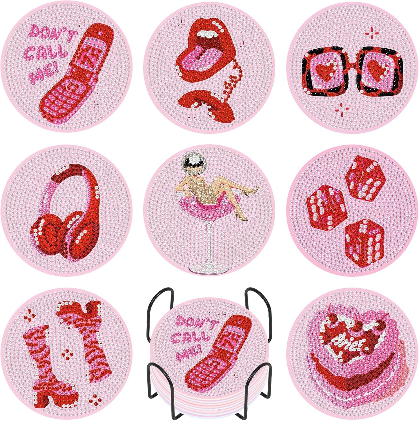 Camocin Pink Diamond Art Coasters Kit, 8 PCS 5D Diamond Painting Coasters | with Holder & Non-Slip Cork Pads, DIY Craft for Women & Girls, Birthday Gift, Girls' Night, 4x4 Inch