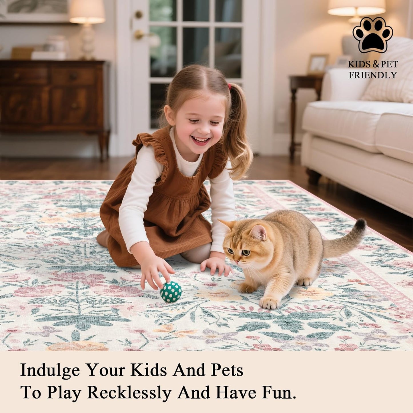 Pink Rugs for Living Room: Floral 5x7 Washable Area Rug for Nursery Bedroom - Soft Easy Clean Kid & Pet-Friendly Non-Slip Carpet - Oriental Girls Home Decor
