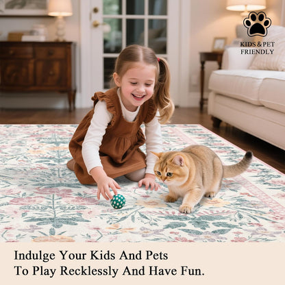 Pink Rugs for Living Room: Floral 5x7 Washable Area Rug for Nursery Bedroom - Soft Easy Clean Kid & Pet-Friendly Non-Slip Carpet - Oriental Girls Home Decor