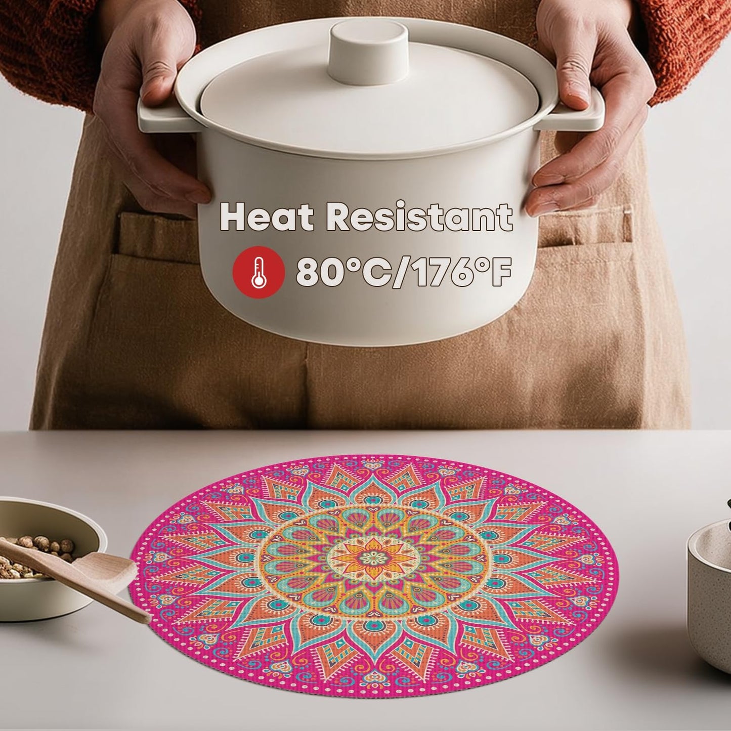 Artoid Mode Pink Mandala Vinyl Plastic Placemats Set of 4, 14 Inch Washable Non-Slip Woven Round Table Mats for Party Kitchen Dining Decor