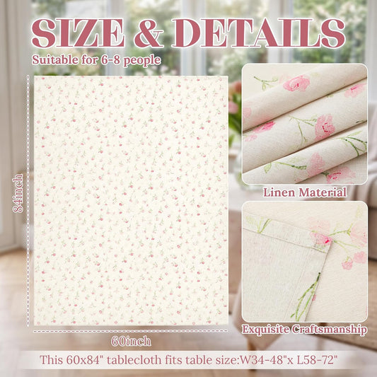 Gilprop Pink Floral Tablecloth Tea Party Decoration 60×84 Inch Vintage Rectangle Tablecloth Linen Waterproof Summer Flower Table Decor for Back to School Bridal Shower Wedding Party Supplies