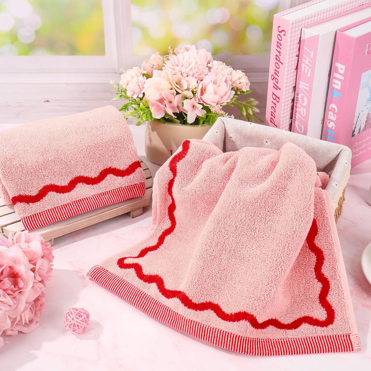 Whaline Pink Red Scalloped Hand Towels Decorative Towel 2 Pack Print Cotton Bathroom Towel for Kitchen Drying Cleaning, 29.5 x 13.7 Inch