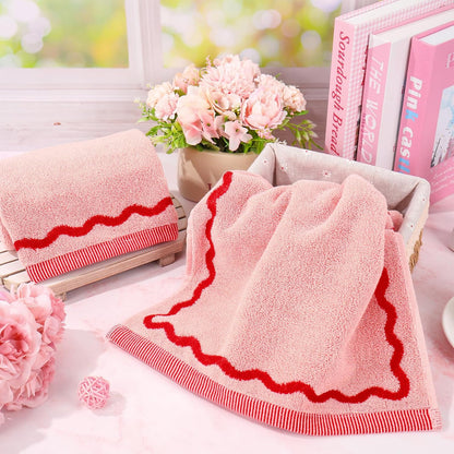 Whaline Pink Red Scalloped Hand Towels Decorative Towel 2 Pack Print Cotton Bathroom Towel for Kitchen Drying Cleaning, 29.5 x 13.7 Inch