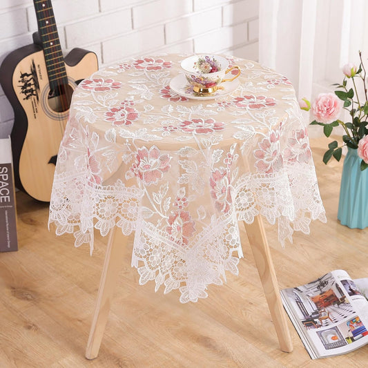 Retro Round Lace Tablecloth 36 Inch Embroidered Table Cover Decorative Dining Doily for Wedding & Cafe, White with Pink Flora