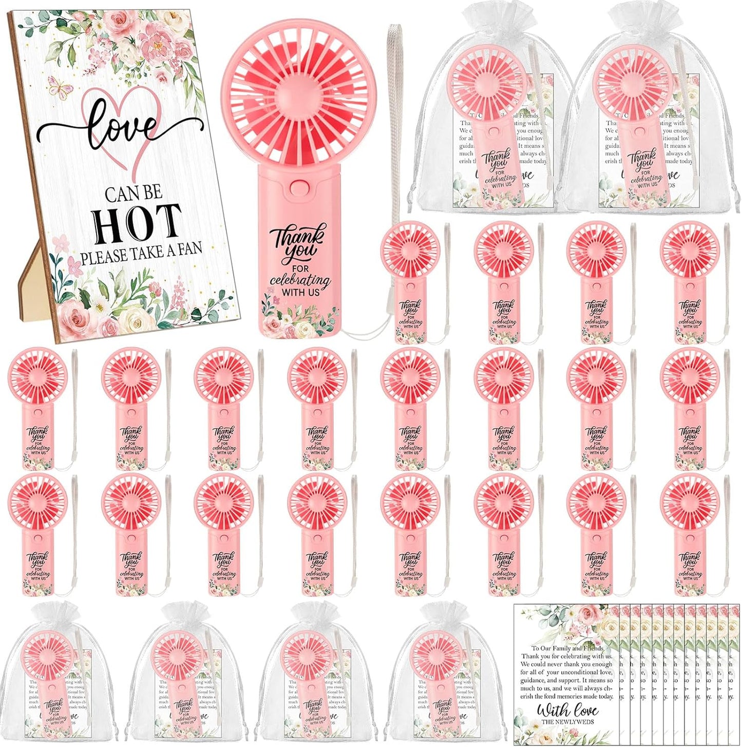 24 Set Wedding Mini Fans for Guests Portable Handheld Fans Thank You Cards Organza Bags with 1 Pcs Love Is Hot Wooden Table Sign Bridal Shower Favors for Summer Wedding Outdoor(Pink Rose)