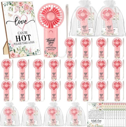 24 Set Wedding Mini Fans for Guests Portable Handheld Fans Thank You Cards Organza Bags with 1 Pcs Love Is Hot Wooden Table Sign Bridal Shower Favors for Summer Wedding Outdoor(Pink Rose)