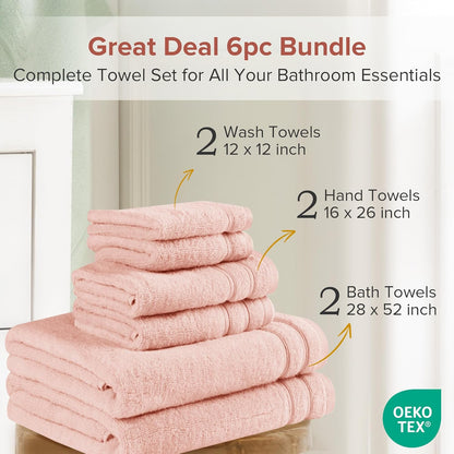 Comfort Spaces Luxury Bath Towel Set - 6 Piece - 2 Bath, 2 Hand, 2 Washcloth - Pink - Cotton - Quick Dry - Soft - Lightweight - Blush
