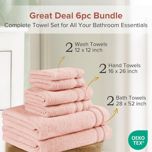 Comfort Spaces Luxury Bath Towel Set - 6 Piece - 2 Bath, 2 Hand, 2 Washcloth - Pink - Cotton - Quick Dry - Soft - Lightweight - Blush