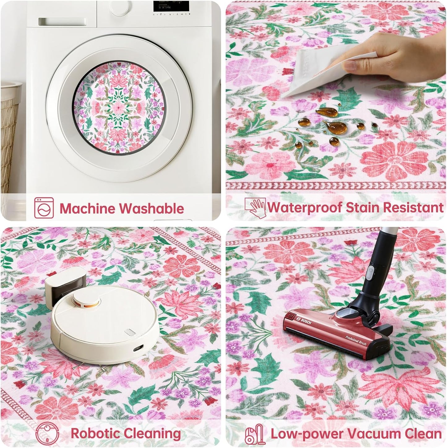 Ciicool 2x4 Small Rug for Entryway Runner Kitchen Washable Area Rugs Low Pile Soft Boho Non Slip Carpet for Entrance Hallway Laundry Bedroom Pink Floral Carpets