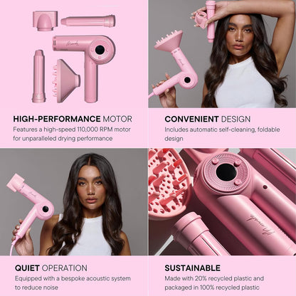 Mermade M Ionic Hair Dryer with Diffuser - Professional Blow Dryer for Curly Hair Styling, 4 Attachments to Curl, Dry, & Style, Salon Grade, Lightweight, Fast Drying, Adjustable Temperatures - Pink