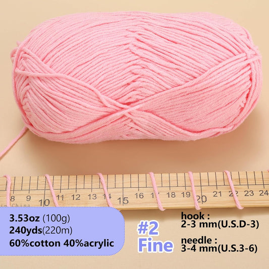 LUCKY BALL Milk Cotton Yarn, 100g / 240 yd 60% Cotton 40% Acrylic #2 Fine Sport Yarn, Soft Crochet & Knitting Yarn for Amigurumi Dolls, Baby Items, Flowers, Hats, Sweaters, Blankets (Pink)