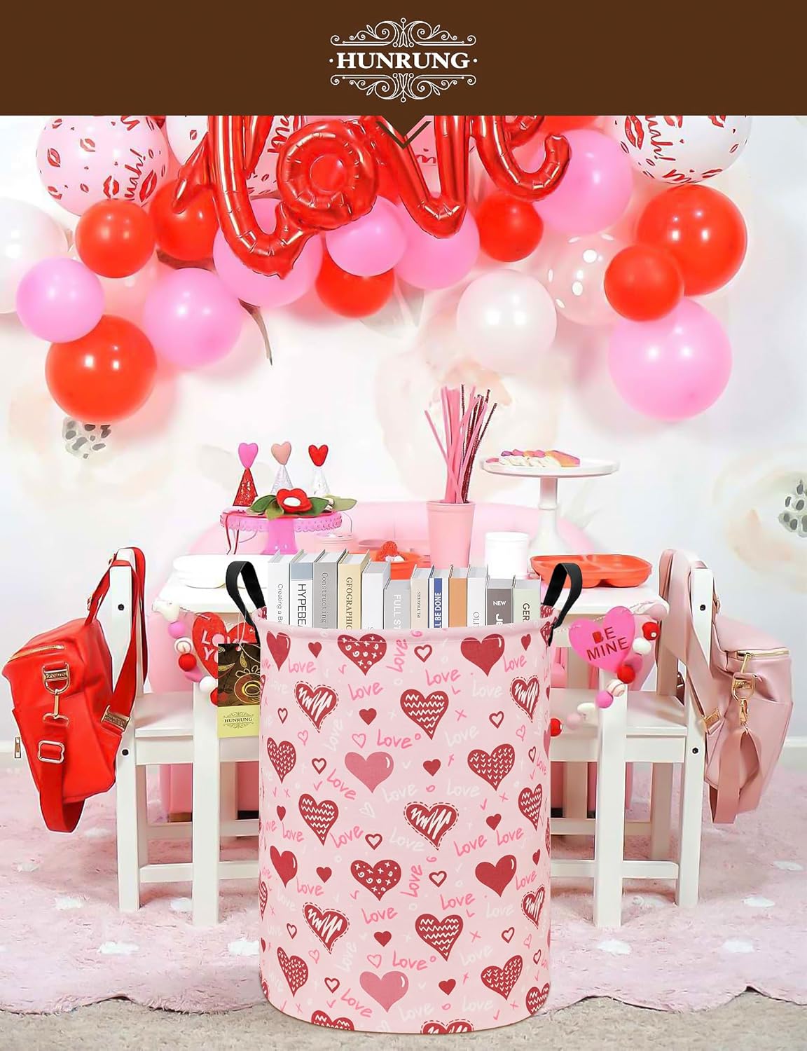 Heart Collapsible Fabric Storage Basket, Waterproof Laundry Hamper with Handles, Round Storage Bin for Clothes Toys, Foldable Organizer for Bedroom Nursery Bathroom(Round-Pink Love Heart)