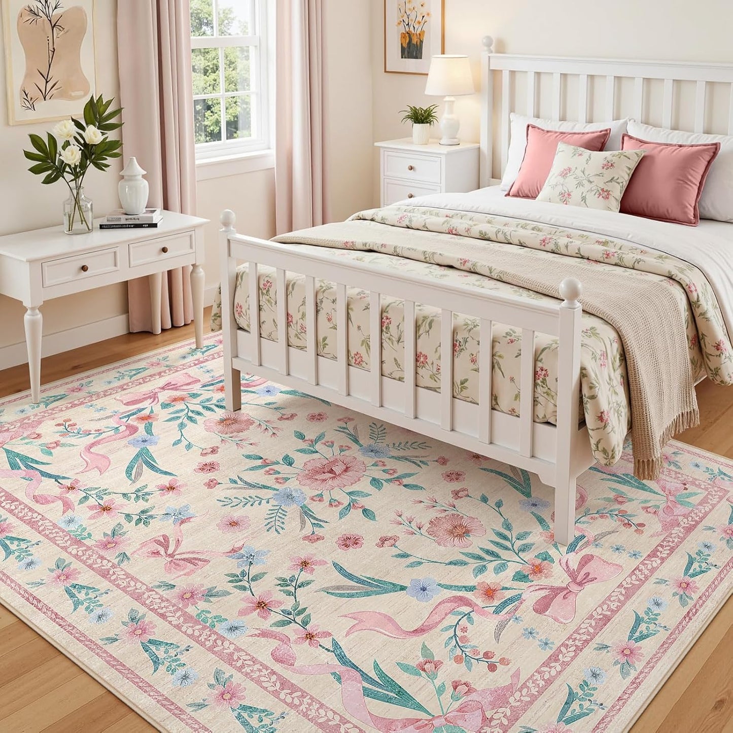 Coquette Pink Bow Rug 5x7, Washable Floral Area Rug for Girls Bedroom & Nursery, Soft Low Pile Non Slip Carpet for Kids Room, Dorm, Playroom, Living Room