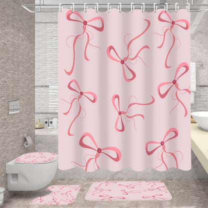 AZHM 4Pcs Pink Bow Shower Curtain Set Cute Bathroom Shower Curtains with 12 Hooks Bow Knot Aesthetic Bathroom Sets with Shower Curtain and Accessories