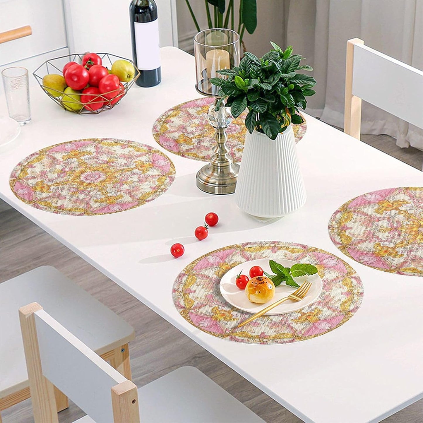 Retro Floral Pattern Gold and Peach Decorative Round placemats Quilted Reversible placemats Washable placemats for Kitchen Table Chargers Dinner Plates placemats Easy to Clean Waterproof