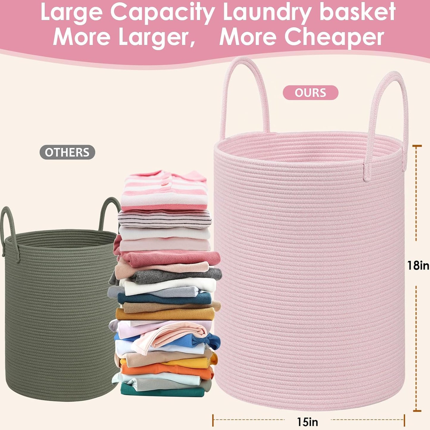 Cotton Rope Storage Basket with Handles, Large 60L Collapsible Laundry Hamper for Clothes, Sturdy Nursery Organizer Blanket Basket for Living Room,Toy Bin for Kids Bed Room,15"x15"x18",Pink