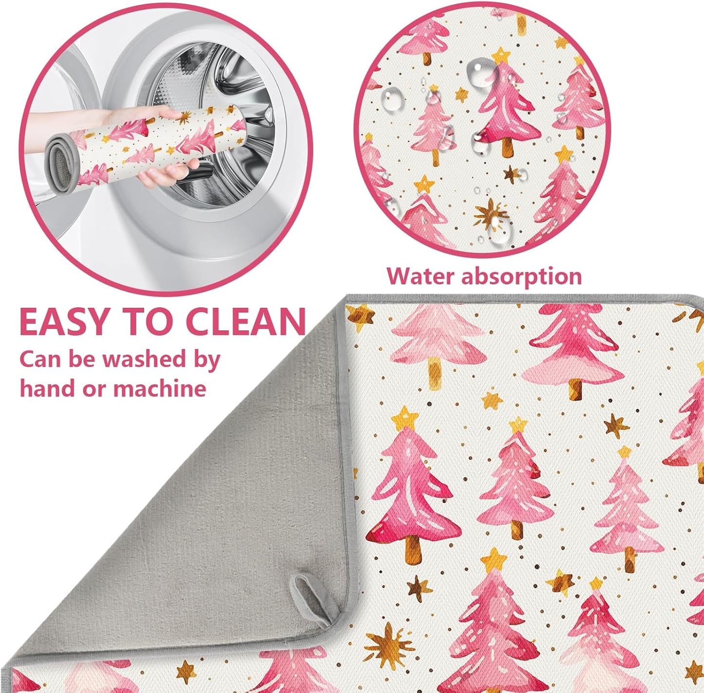 JarThenaAMCS Christmas Dish Drying Mat Dots Pink Xmas Tree Absorbent Dish Drainer Protector Pad Winter Dry Mat for Kitchen Countertop Tableware Decor, 18 x 24 Inch