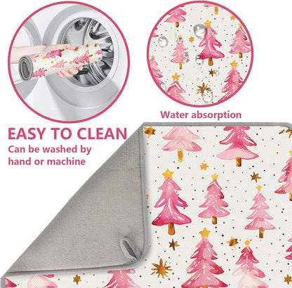 JarThenaAMCS Christmas Dish Drying Mat Dots Pink Xmas Tree Absorbent Dish Drainer Protector Pad Winter Dry Mat for Kitchen Countertop Tableware Decor, 18 x 24 Inch