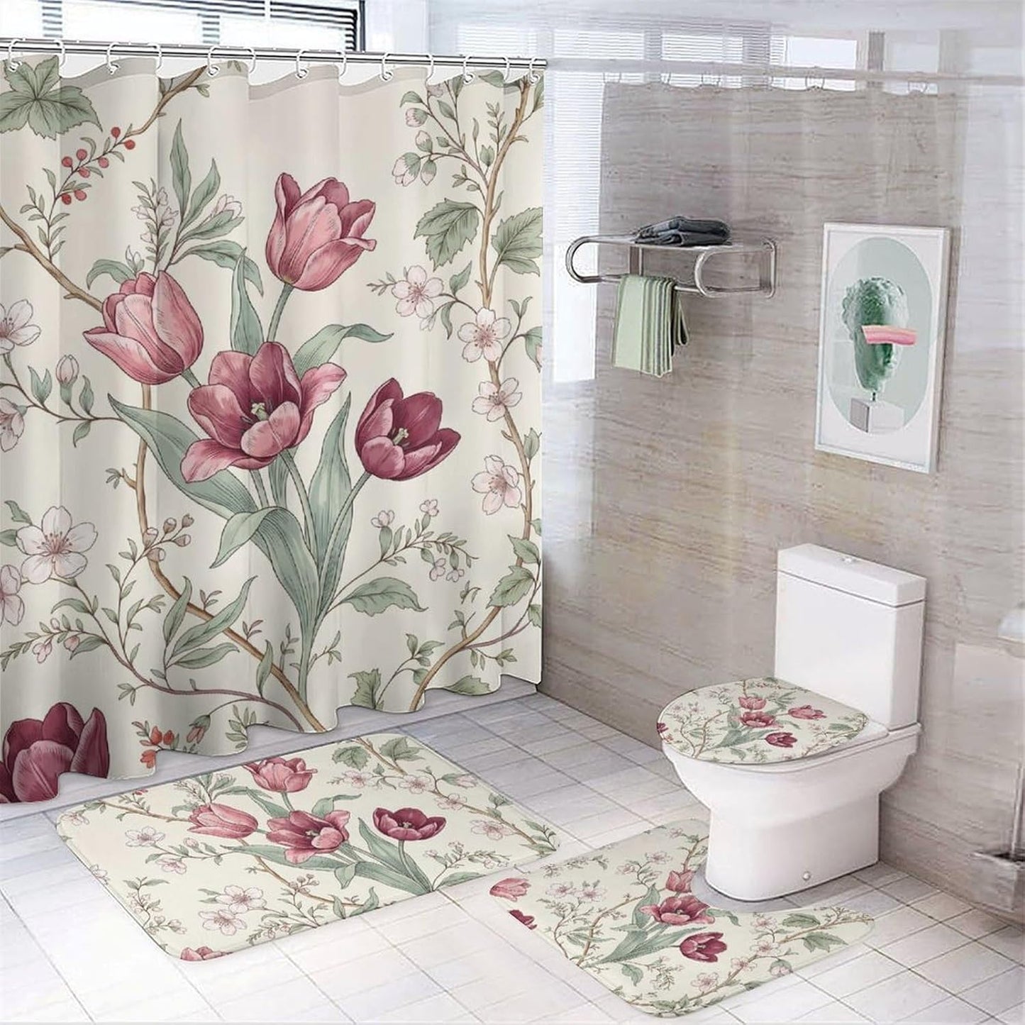 4 Piece Bathroom Sets with Toilet Lid Cover Botanical Pink Tulip in Cream Waterproof Bathroom Decor Accessories with 12 Hooks Rustic Housewarming Gift