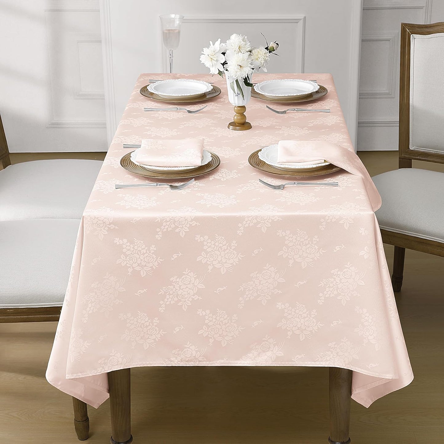 Romanstile Jacquard Rectangle Tablecloth, Waterproof Elegant Damask Rose Floral Pattern Table Cloth, Washable Decorative Polyester Table Cover for Kitchen/Dining/Parties - Pink, 52 x 70 Inch