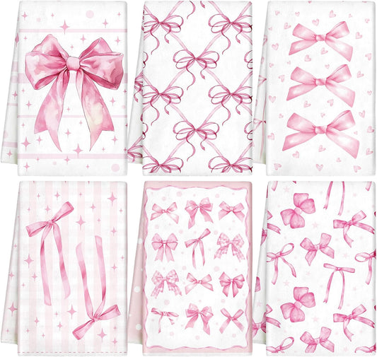 Breling Set of 6 Pink Bow Towels Vintage Pink Dish Towel Bathroom Decorative Rustic Cloths Tea Towels for Kitchen Bathroom Home Cooking Housewarming Valentines Gifts, 14 x 21 Inch