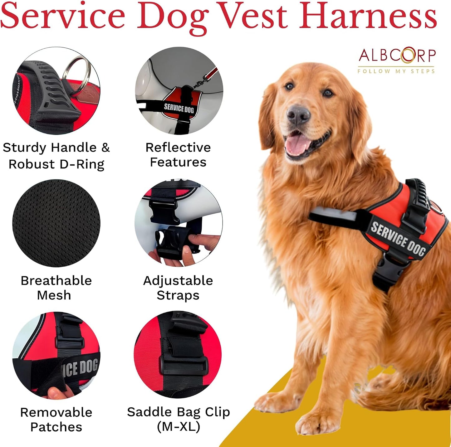 ALBCORP Service Dog Vest Harness – Reflective Service Animal Vest, No-Pull Harness with Handle & Mesh Padding – Sizes XXS-XL for Puppies – 2 Removable Service Patches Included (Extra Small, Pink)