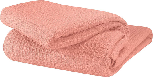 GLAMBURG 100% Cotton Thermal Blanket, Breathable Waffle Blanket, Queen Size, All Season, Peach