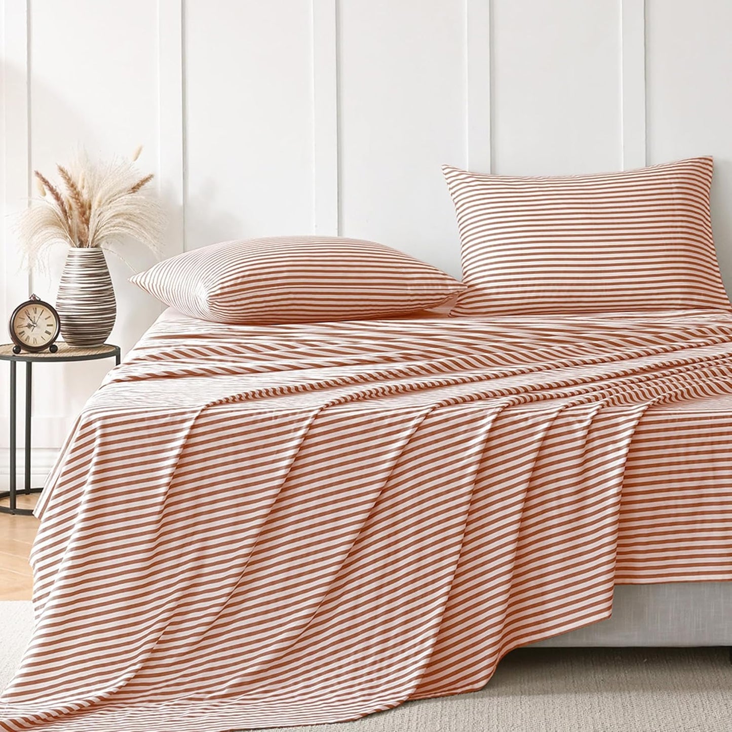 JELLYMONI Natural Cotton Bedding Set, 4-Piece Striped Sheets – King Size, Pink