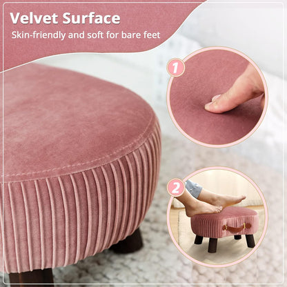 LUE BONA Small Curved Foot Stool with Handle, Pink Velvet Footstool and Ottomans, Modern Foot Rest with Wooden Legs, Step Stool with Padded Seat for Couch, Living Room