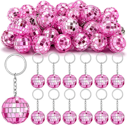 25Pcs Pink Disco Ball Keychain, Mini Small Pink Mirror Disco Ball Bulk Keyring Party Favors for 70s 80s Party Supplies Decorations