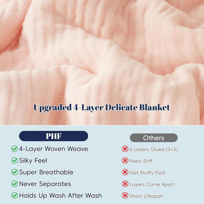 PHF Cooling Muslin Blanket King Size, Lightweight Gauze Blanket for Adults, 60% Rayon Derived from Bamboo & 40% Cotton for Summer, 4-Layer Soft Breathable for Hot Sleepers, 108"x90", Pink Rose