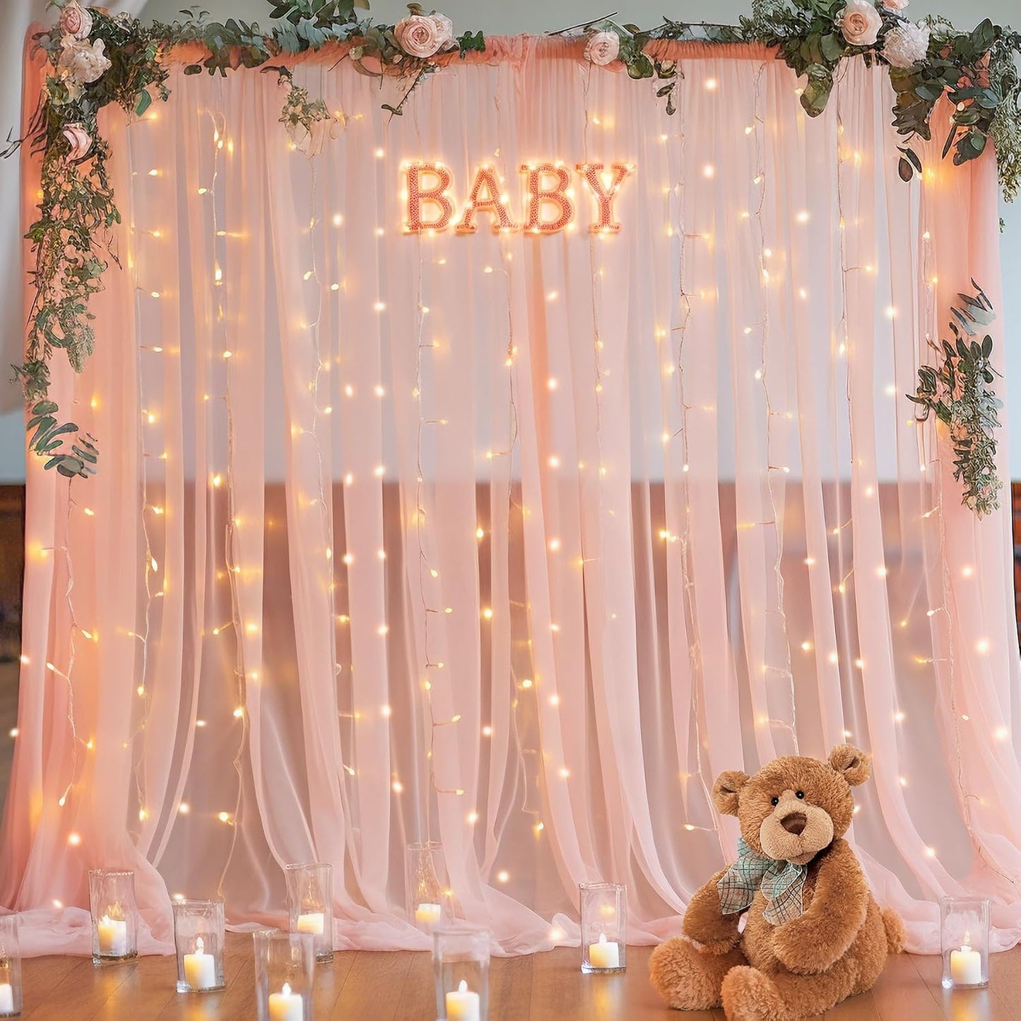 10x10ft Peach Tulle Backdrop Curtain with Lights String for Parites, Sheer Photo Backdrop Curtains for Wedding Baby Shower Birthday Party Photo Shoot Background Decorations