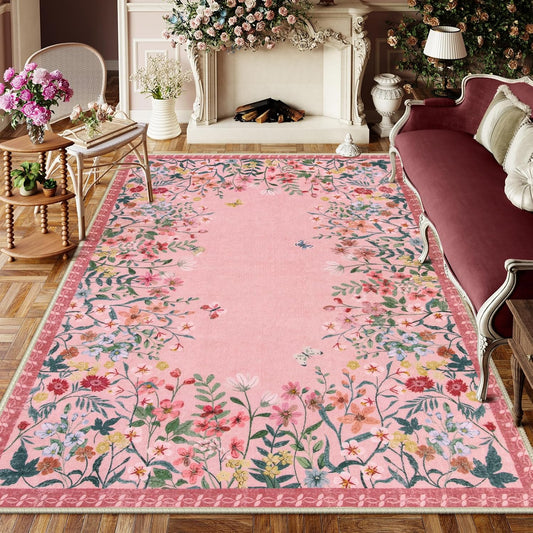 Wonnitar Washable Rug 6x9, Pink Botanical Area Rug for Girls Bedroom, Non-Slip Soft Nursery Kids Room Floral Rug Thin Throw Carpet for Dorm Living Room Decor (Pink,6'x9')