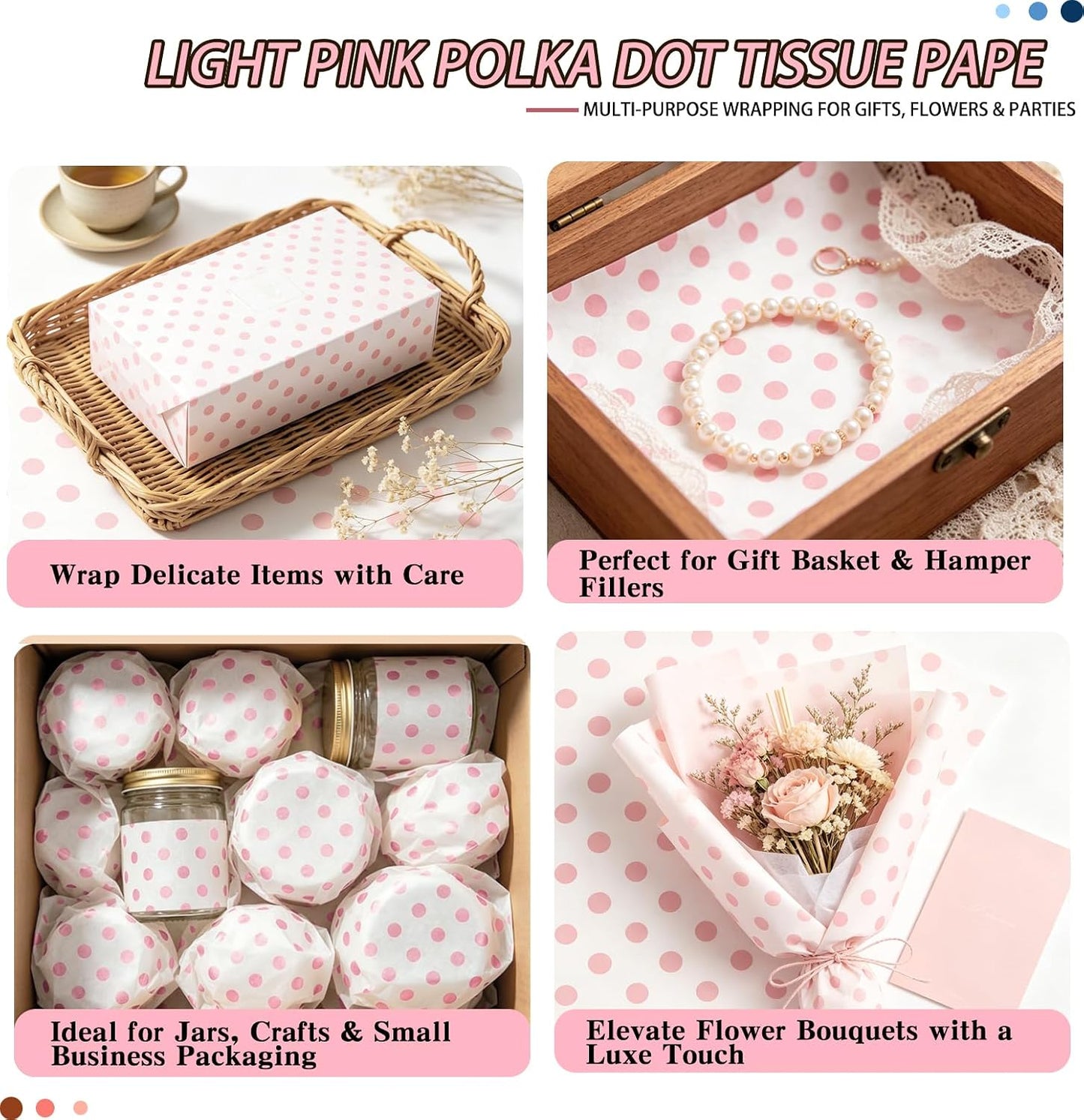 MUNILAIL 100 Sheets Light Pink Polka Dot Tissue Paper 14 x 20 Inches Pink and White Tissue Paper Dot Printed Gift Wrapping Paper for Birthday Wedding Baby Shower Gift Packing DIY Crafts
