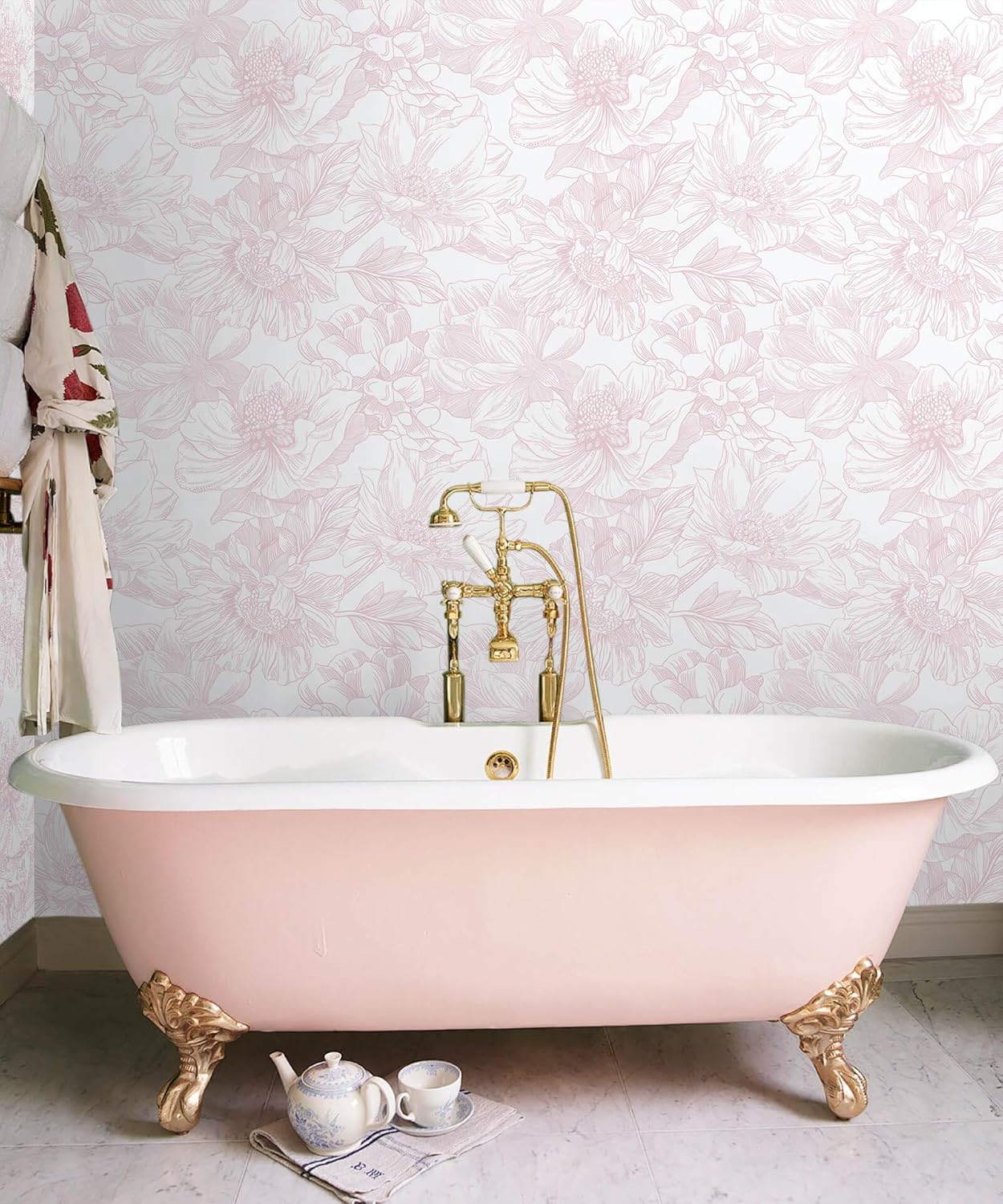 Ismoon Large Floral Peel and Stick Wallpaper Boho White/Pink Contact Paper 17.3inx6.5ft Removable Self Adhesive Bedroom Cabinet Mural Wall Decor Vinyl Roll
