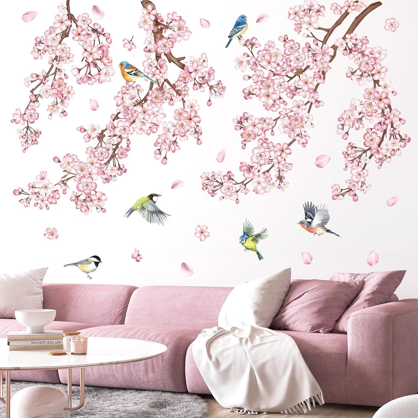 decalmile Large Cherry Blossom Tree Branch Wall Decals Pink Flower Vine Birds Wall Stickers Girls Bedroom Living Room Nursery Wall Decor